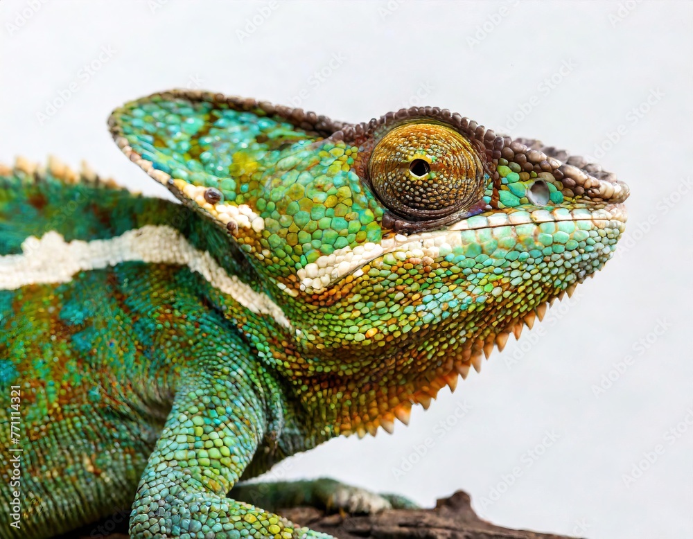 Obraz premium adult Yemen Veiled Chameleon - Chamaeleo calyptratus - close up. Multicolor Beautiful Chameleon closeup reptile with colorful bright skin. Exotic Tropical Pet isolated on white background