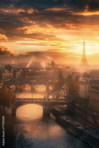 Dawn over Paris with misty Seine river and Eiffel Tower, Concept of new beginnings, hope, and iconic landmarks 