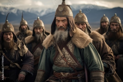 Tatar Mongols: nomadic warriors and conquerors, cultural legacy, military prowess, Eurasian steppes strength, traditional attire, resilience and the spirit of the historic nomadic lifestyle. photo
