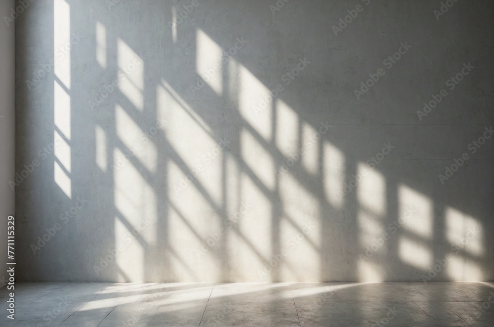 Obraz premium Authentic and understated soft-focus natural light through windows, casting shadows on textured wallpaper, creating an abstract backdrop. Simplistic abstract white light background ideal for product d