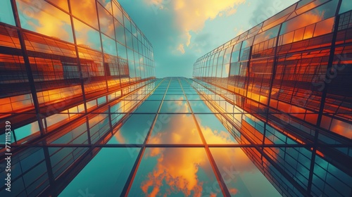 Reflective skyscrapers  business office buildings. low angle view of skyscrapers in city  sunny day. Business wallpaper with modern high-rises with mirrored windows  Generative AI