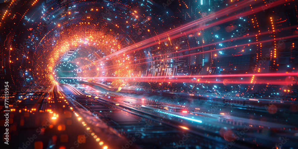 Fototapeta premium Futuristic Data Tunnel Visualization with Streaming Lights and Digital Patterns