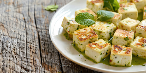 Exotic Paneer Tikka Cubes with Fresh Mint Leaves on Plate Over Rustic Wooden Background