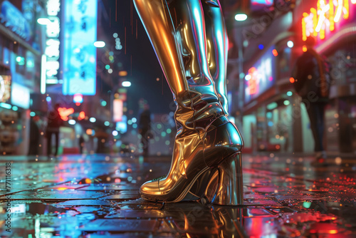 Futuristic Metallic Boots Gleaming Under Neon Lights On Rainy City Street