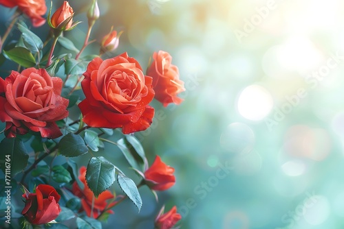 Beautiful red rose flowers with blurred gradient spring nature background image.