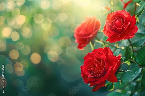 Beautiful red rose flowers with blurred gradient spring nature background image.