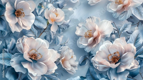 Botanical flower pattern background 3d flowers blue cream motif
