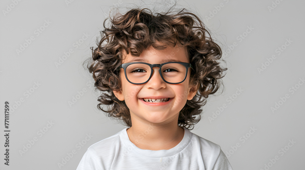 Cheerful young boy with tousled curls and spectacles, exuding happiness against a grey background. Cheerful young boy with tousled curls and spectacles, exuding happiness against a grey background.