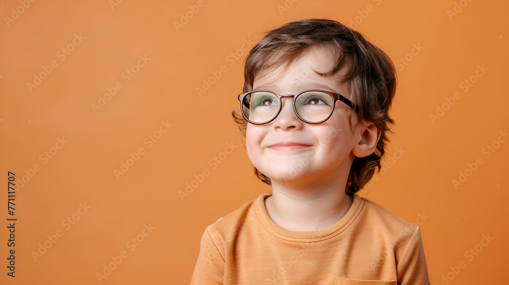 Little boy full of wonder, wearing trendy spectacles, with a bright, infectious laugh on a mustard canvas