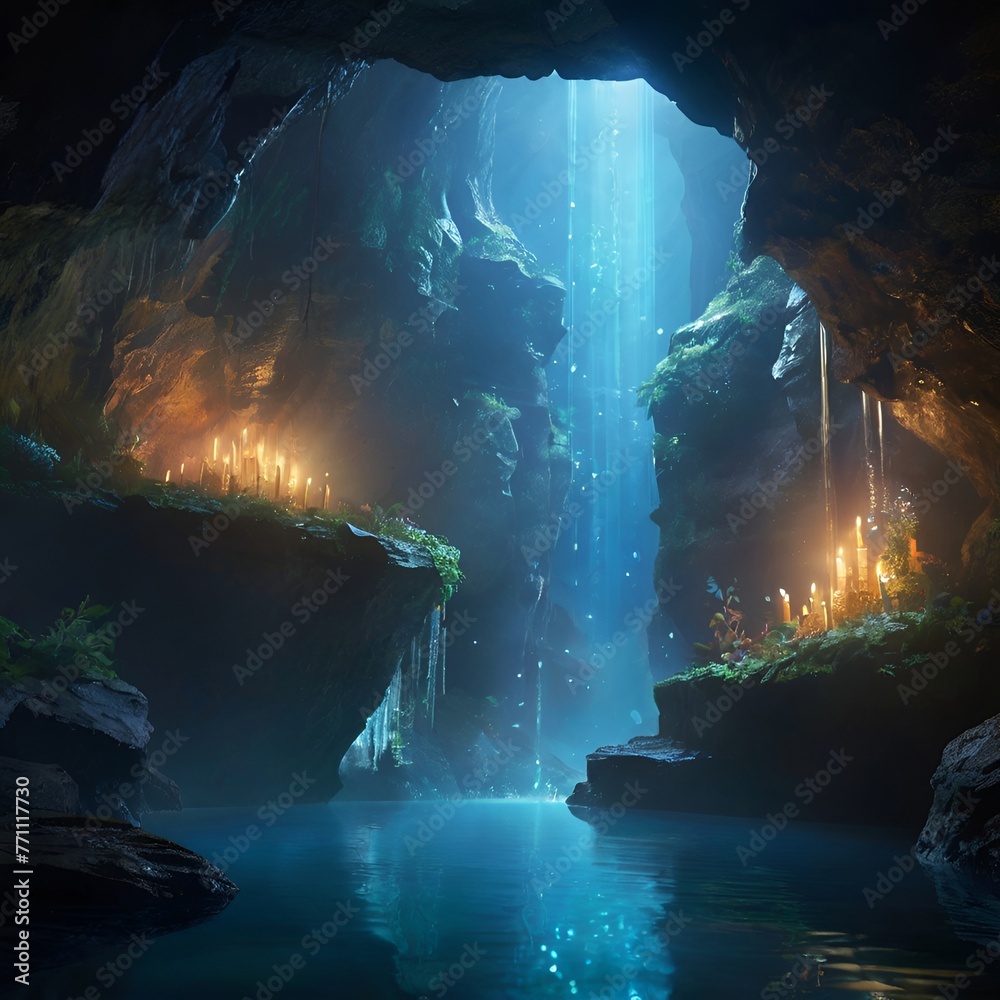 Uncover secrets in a dimly lit cave chamber adorned with shimmering crystals and glowing gemstones.