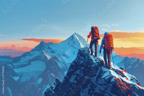 Hiker helping friend reach the mountain top, Generative Ai illustration photo