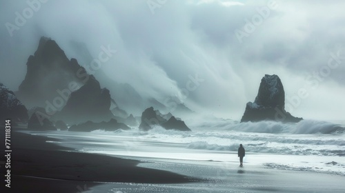 A lone figure walks along the shoreline lost in thought as the waves crash against the rocks. The rugged beauty of the landscape mirrors . . photo