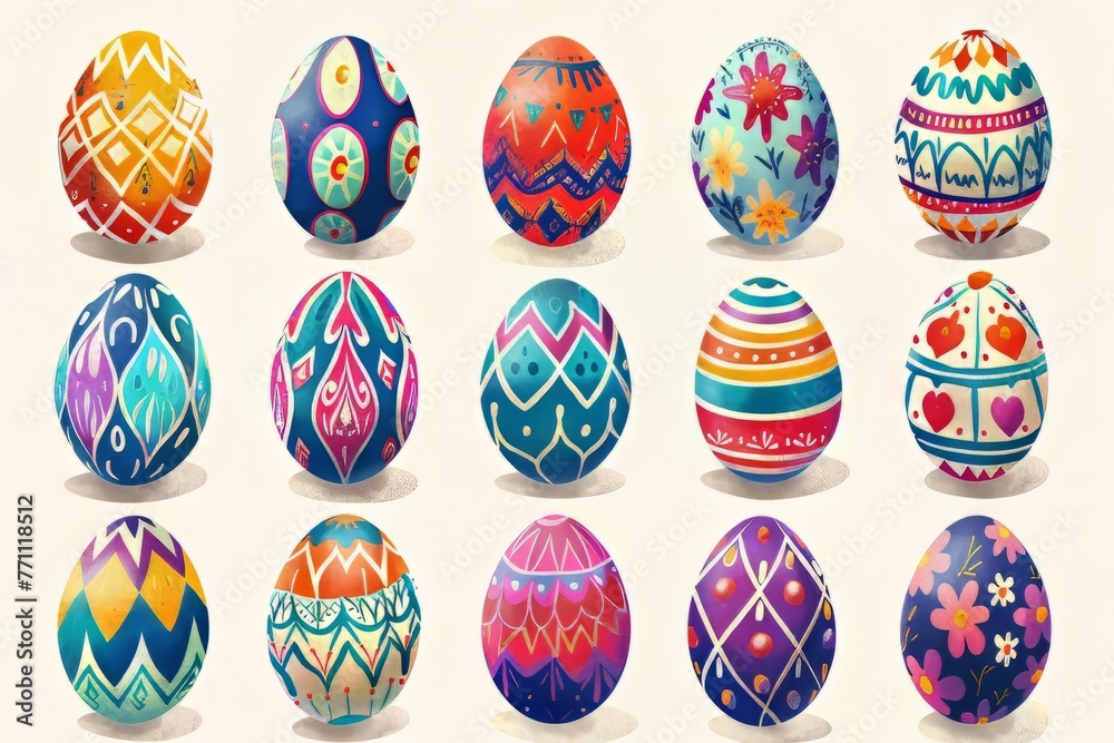 Vibrant illustrations of decorated Easter Eggs in various patterns and designs,