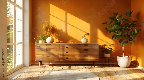 Solid Wood Dressers & Chests, an orange wall in a living room, in the style of light beige and beige, weathercore, light amber and green. For design, 3d render, decoration, lifestyle photo