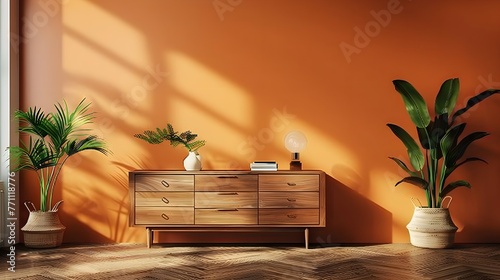 Solid Wood Dressers & Chests, an orange wall in a living room, in the style of light beige and beige, weathercore, light amber and green. For design, 3d render, decoration, lifestyle photo