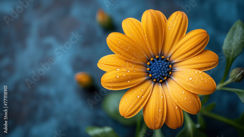 Single yellow flower isolated on a blue background with copy space © angelo sarnacchiaro