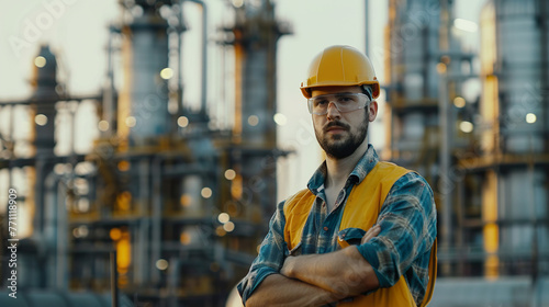 Front view of a young male engineer with an oil refinery industrial plant in the background during the daytime.