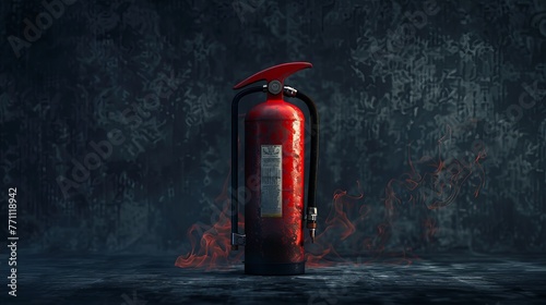 A smoke-dark background features a fire extinguisher. photo