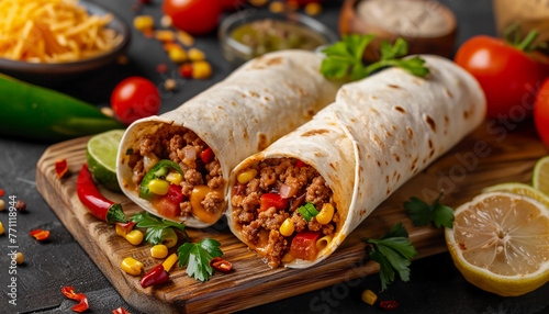 Delicious and Hearty Burrito Wrapped in a Soft Flour Tortilla  Stuffed with Rice  Beans  Meat  and Fresh Vegetables  Perfect for a Satisfying Meal