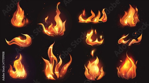 Isolated vector illustration of a realistic fire flame set of small and large bright elements on a black background