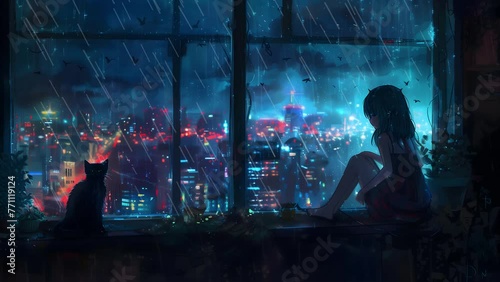 A girl with short hair stands by the window, looking at the night city lights. She is wearing black and has her side to us. wearing headphones , The background features neon lighting from buildings .  photo