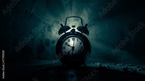 A time bomb image set against a dark background. Conceptual image of a timer counting down to explosion illuminated by a shaft of light shining through the shadows