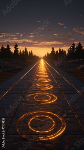 Commuting pathway lined with Radiant Runes, dusk lighting, linear perspective, mystical ambiance,