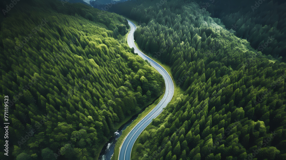 Aerial view of the mountain road in a green forest Aerial view of the mountain road in a green forest