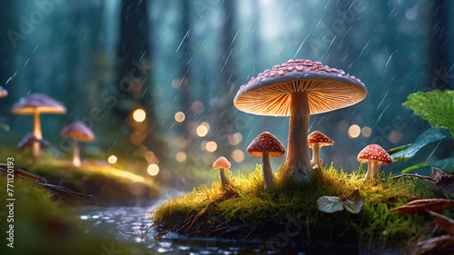 Beautiful mushrooms in the forest, Nature wallpaper. Generative ai