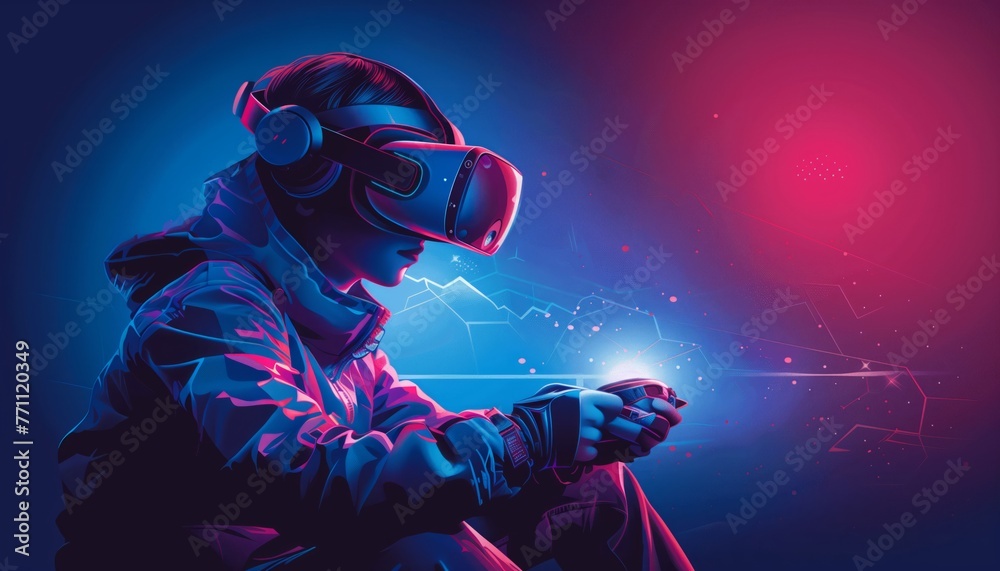 concept of virtual reality technology, graphic of a gamer wearing VR head-mounted playing game concept of virtual reality technology, graphic of a gamer wearing VR head-mounted playing game