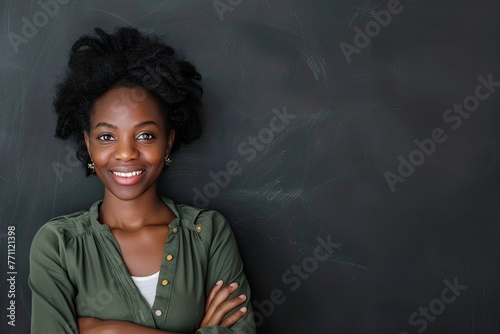 Confident African American teacher with glasses, wearing a white shirt, standing in front of a chalkboard in a classroom.