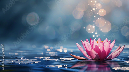 a pink lotus flower floating on water with light rays
