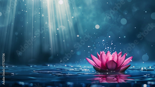 a pink lotus flower floating on water with light rays