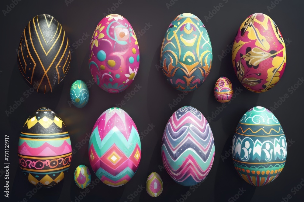 Vibrant illustrations of decorated Easter Eggs in various patterns and designs,