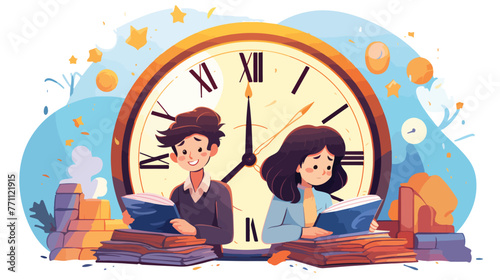 Cute girl and boy playing with giant clock learning