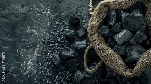 Black coal in a jute sack photo
