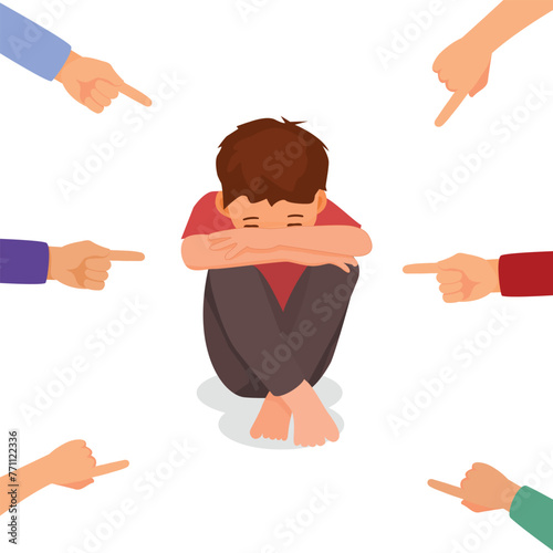 Sad little boy feeling guilty and ashamed being bullied with finger surrounding pointing at him 