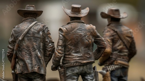 Faced with the tough challenges of the Wild West these figures stand with their backs squared and heads held high. Their leather jackets . .
