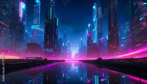 近未来サイバーシティの夜景 - 未来都市のネオンライト輝く