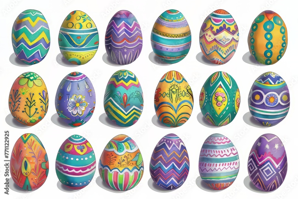 Vibrant illustrations of decorated Easter Eggs in various patterns and designs, Vibrant illustrations of decorated Easter Eggs in various patterns and designs,