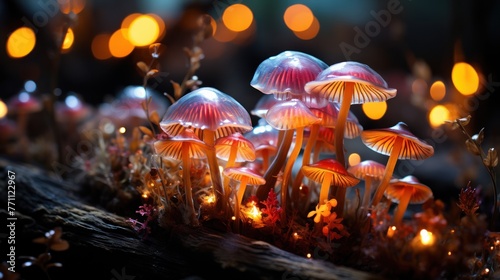 Fungi in the rainforest at night. Beautiful macro shot of small mushrooms.