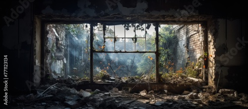 An abandoned building window overlooking a lush forest, surrounded by tall trees. Nature has taken over the once grand structure, reclaiming it as its own