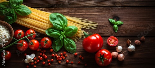 A natural foods wooden table adorned with whole food ingredients like spaghetti, tomatoes, basil, and other vegetables for a superfood recipe
