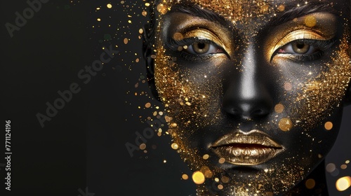 Striking portrait of a person with golden textured skin and sparkles, Concept of avant-garde, luxury, and artistic makeup 