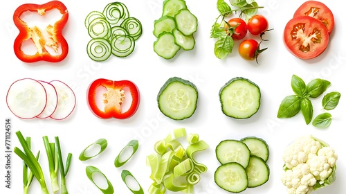 Set of slices of vegetables isolated on white background top view  design for vegetable menu. Tomat  green onion  cucumber sweet pepper zucchini Peking cabbage cauliflower radish basil.