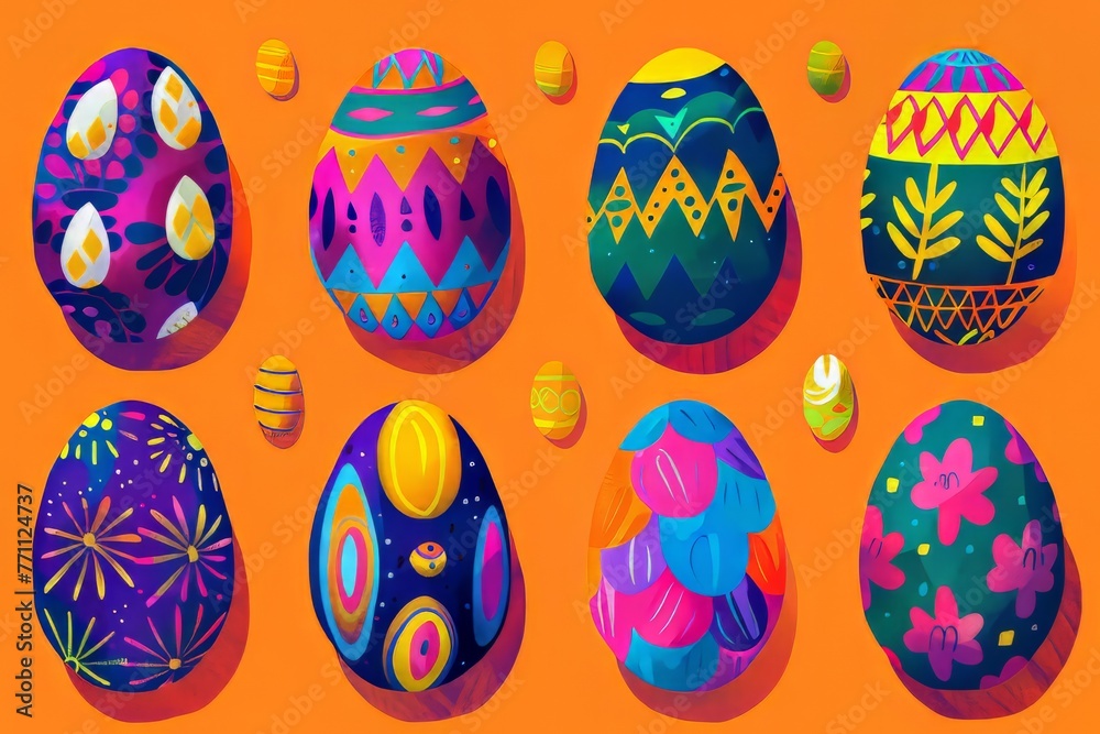 Vibrant illustrations of decorated Easter Eggs in various patterns and designs, Vibrant illustrations of decorated Easter Eggs in various patterns and designs,