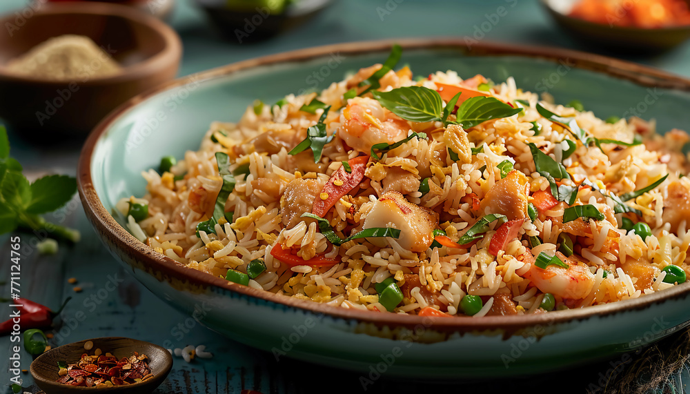 Savory Fried Rice with Vegetables, Egg and Shrimp, Garnished with Green Onions, Perfect for a Delicious and Nutritious Asian-Inspired Meal