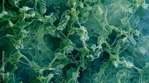 An overhead view of a tangled mass of bluegreen algae filaments with intricately patterned structures resembling tiny leaves or branches.