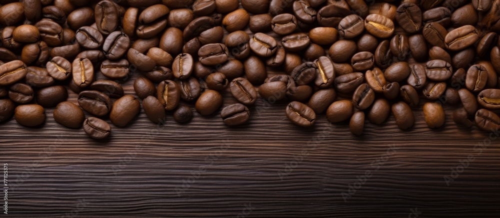 A heap of singleorigin coffee beans, the fruit of the coffee plant, rests on a rustic wooden table. This natural ingredient is essential in various cuisines and is beloved by food enthusiasts A heap of singleorigin coffee beans, the fruit of the coffee plant, rests on a rustic wooden table. This natural ingredient is essential in various cuisines and is beloved by food enthusiasts