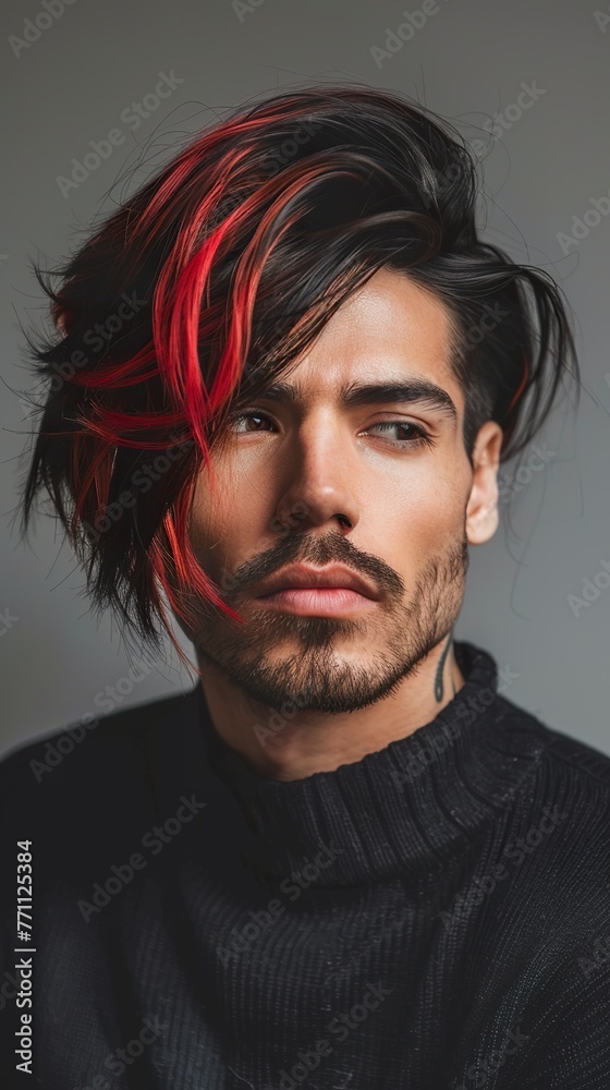 Close-up of a man with a black and cherry bob cut with a touch of boldness. Creative and attractive men's hairstyle in black and cherry colors in a modern and stylish trend. Close-up of a man with a black and cherry bob cut with a touch of boldness. Creative and attractive men's hairstyle in black and cherry colors in a modern and stylish trend.